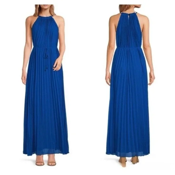 Ted Baker Size 0 / US 2 Blue Helyos Halter Neck Maxi Dress Accordion Pleated - Picture 10 of 11